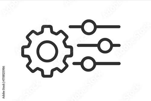 Settings icon with gear and sliders. Configuration, adjustment, and control panel symbol. UI element for user preferences, options, or filter parameters. Vector line art.