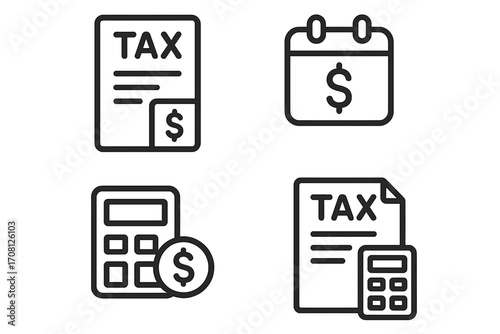 Tax line icon set. Financial symbols for accounting, report, payment deadline, income calculation. Business money management, tax day, budget and finance vector concept illustration.