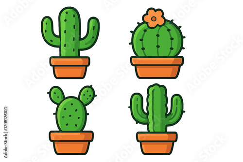 Cactus and succulent vector icon set. Cute cartoon cacti in pots collection. Houseplant, desert plant graphic. Saguaro, prickly pear, barrel cactus. Flat design illustration.