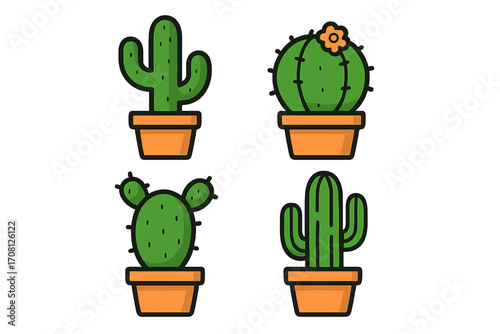 Set of cute cactus and succulent icons in pots. Flat style cartoon vector illustration. Collection of various desert plants, houseplants for botanical or nature design.