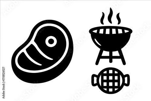 Grill and steak vector icon set. Simple black silhouette illustration of raw meat, smoking charcoal barbecue, and grate symbol. Concept for grilling, cooking, food, BBQ.