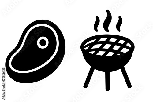 Steak and grill icon set. Barbecue and grilling concept. Raw meat, beef steak and hot charcoal bbq grill with smoke. Vector silhouette symbol for restaurant menu design.