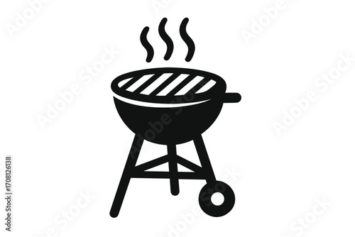 Barbecue grill icon. BBQ silhouette for outdoor picnic and cooking. Vector illustration of a charcoal grill with smoke. Summer party food preparation equipment logo symbol.