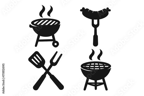 Barbecue grill icon set. BBQ party vector silhouette collection. Includes sausage on a fork, spatula, and charcoal grill illustrations for cooking, meat, and food logos.