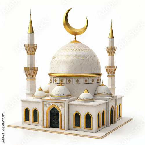 3D mosque dome miniature with golden crescent, white background