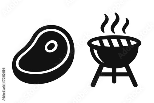 Steak and grill icon set. Barbecue meat symbol collection. Simple black silhouette of beef steak and hot charcoal grill for BBQ party or restaurant menu design. Vector food illustration.