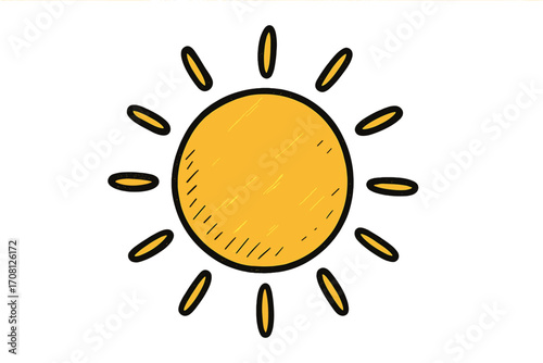 Sun icon hand drawn doodle sketch. Vector cartoon illustration for summer design. Sunshine symbol of weather, heat and happiness. Yellow sunny climate graphic element.