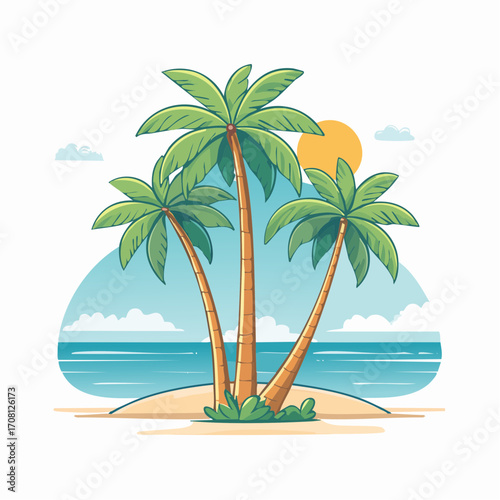 Tropical Island Scene with Palm Trees at Sunset