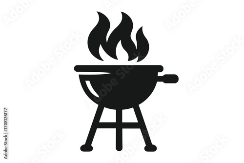 Barbecue grill icon. BBQ silhouette logo for restaurant menu. Simple vector illustration of charcoal grill with fire flame. Outdoor cooking, summer party and picnic symbol.