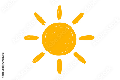 Hand-drawn sun doodle. Vector cartoon illustration of a cute sunshine icon. Sketch style weather symbol for summer design. Isolated simple kids drawing graphic element.