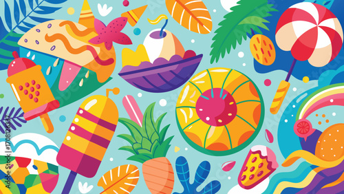 Vibrant summer treats and tropical foliage pattern vector illustration for backgrounds and creative designs featuring popsicles and fruits