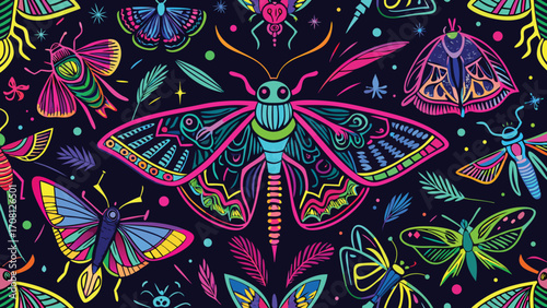 Vivid neon butterfly and moth seamless pattern on dark background creative textile print bright insect design repeating graphic art