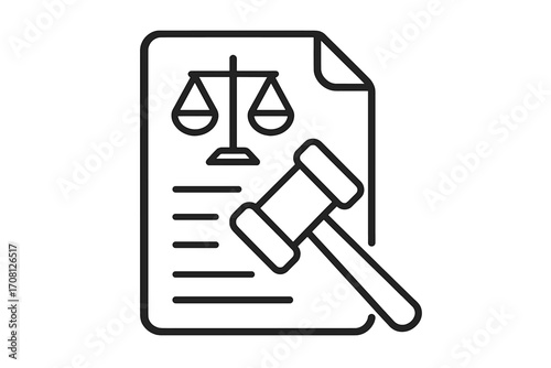 Law and justice icon. Legal document with scales of justice and gavel. Concept for court, legislation, auction, verdict, judgment. Symbol of authority, regulation, policy, legal system, bill.