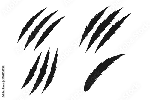 Claw scratches vector set. Animal claw marks illustration. Tiger, bear, or monster nail scratches. Wild beast attack trace. Horror, danger, aggression concept design.