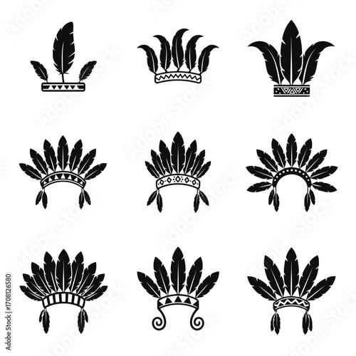 Vector art of collection of native american headdress icons set of different indian chief feather hat or war bonnet silhouette