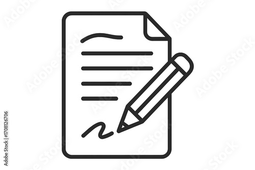 Writing icon with pencil on document, linear style vector illustration, document signing symbol, editable line art, transparent background, office and business concept