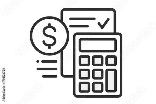 Accounting finance icon. Calculator, dollar money coin and financial document. Budget calculation, audit report, bookkeeping sign. Economy concept, investment analysis.