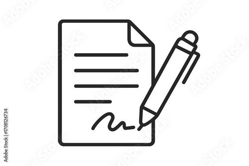 Writing icon linear style with document and pen, signature on paper, vector cartoon illustration with transparent background, office and business concept, note signing symbol