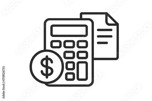 Accounting line icon. Financial calculation concept. Business bookkeeping and audit. Budget, economy, savings. Calculator, money and document sign. Vector illustration isolated.