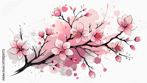 Watercolor cherry blossom branch illustration pink floral design with artistic splatters delicate springtime theme elegant floral art background blooming tree branch