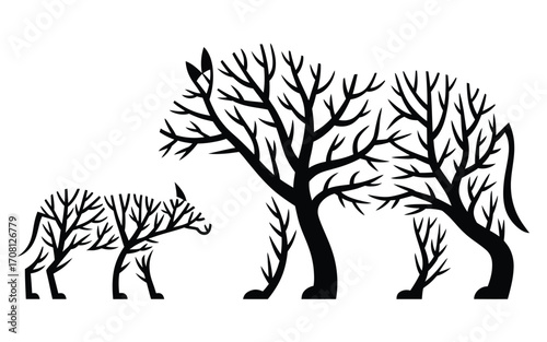 Vector art of a captivating illustration showcases a lion family, ingeniously crafted from the intricate branches of trees, , blending nature and wildlife seamlessly
