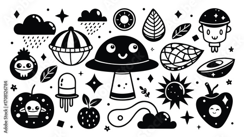 Whimsical black and white doodle illustration featuring fantasy elements including smiling mushroom ufos clouds stars and cute objects vector