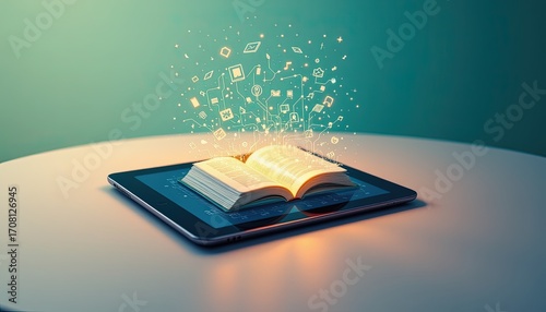 artwork of digital tablet projecting hologram of glowing book above surface
