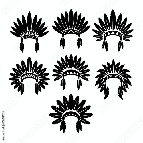 Vector art of collection of native american headdress icons set of different indian chief feather hat or war bonnet silhouette