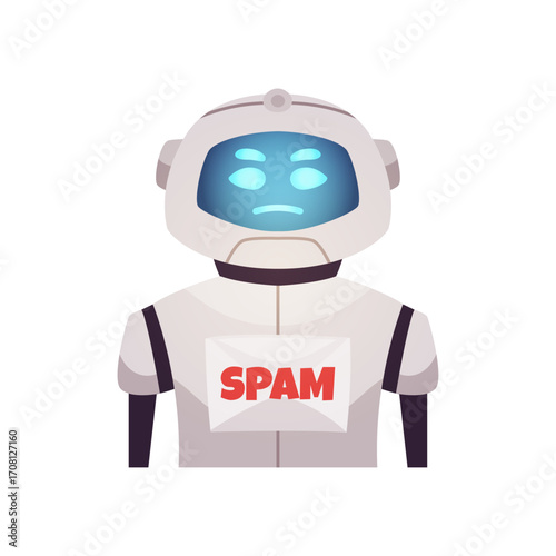 Robot with a SPAM label on its chest, symbolizing spam messages and unwanted content