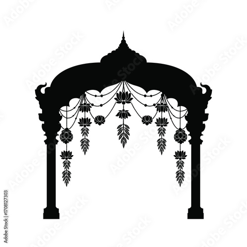 Vector art of ornate black and white indian wedding arch vector illustration decorative entrance gate with lotus design