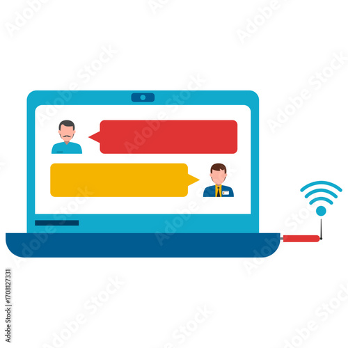 Laptop screen with chat bubbles and avatars, representing online communication