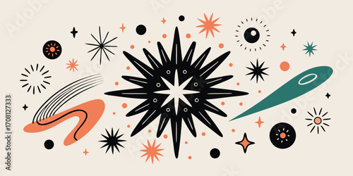 Whimsical midcentury modern celestial design featuring retro starbursts and abstract shapes on neutral background ideal for various creative projects