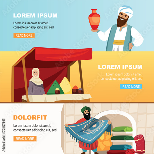 Asian market banners, turkish outdoor sellers souvenirs jewerly carpets, pottery, arabic tourist. vector cartoon flat concept banners.