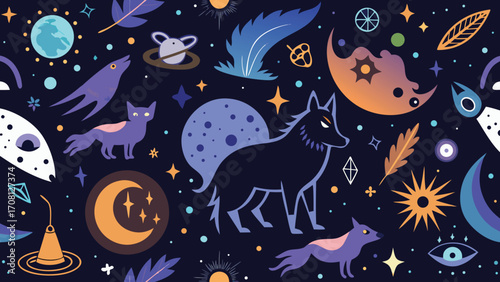 Whimsical night sky pattern featuring wolves celestial bodies and mystical symbols evoking a dreamlike and fantastical atmosphere ideal for creative projects