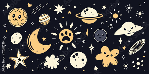 Whimsical space adventure vector featuring planets stars moons and cute cosmic characters against a dark background