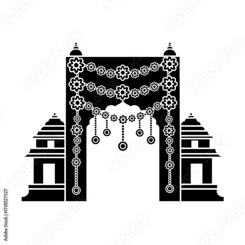 Vector art of ornate hindu temple entrance archway, adorned with garlands of flowers and traditional architectural elements