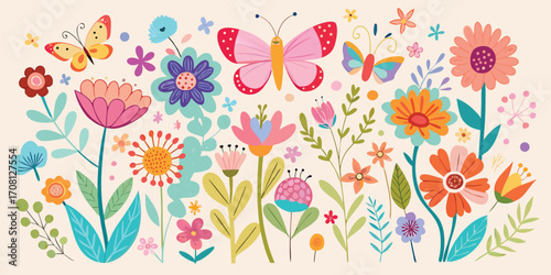 Whimsical spring garden with blooming flowers and fluttering butterflies cheerful floral vector illustration perfect for greeting cards and textile prints