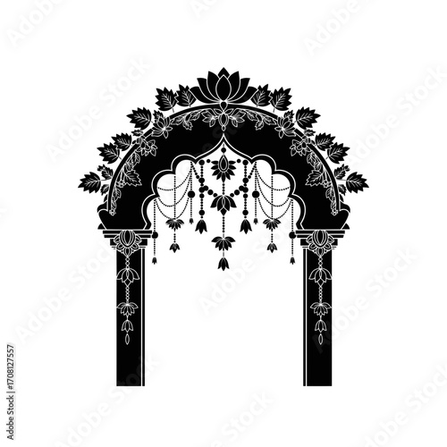 Vector art of elegant hindu archway with lotus flower, adorned with hanging ornaments and intricate floral details