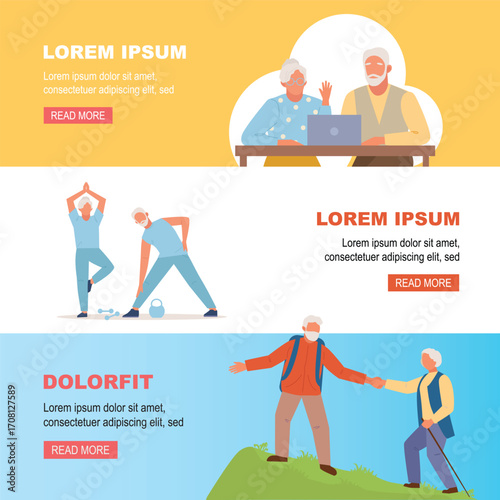 senior couple lifestyle. cartoon grandparents elderly characters banners, happy pensioner activity concept. vector cartoon flat banner.
