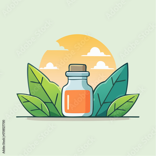 Orange Essential Oil Bottle in Green Leaves at Sunset