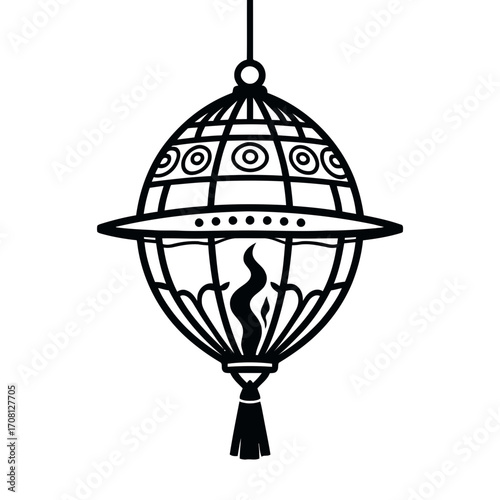 Illustration of a hanging lantern, featuring a spherical shape, intricate wireframe, and a flame inside