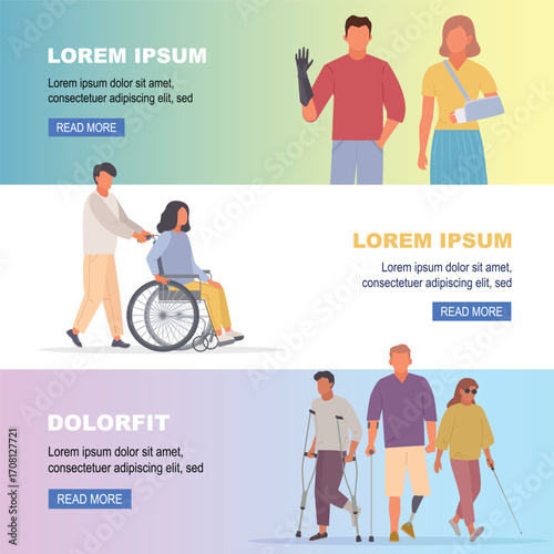 handicapped people banner. characters with disables on wheelchair, bionic leg, prothesis. vector horizontal banners.