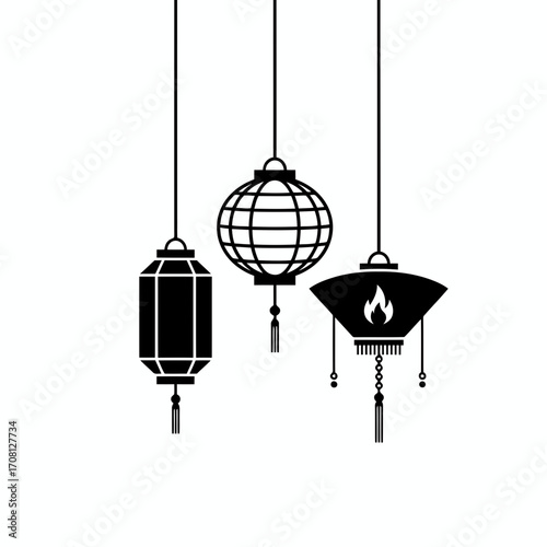 Vector art of elegant collection of hanging chinese lanterns, showcasing traditional asian design and cultural symbolism in black silhouette