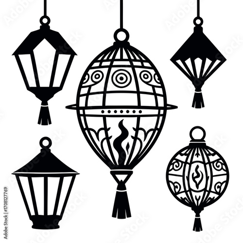 Vector art of collection of decorative chinese lanterns, showcasing intricate designs and cultural symbolism in elegant black silhouettes