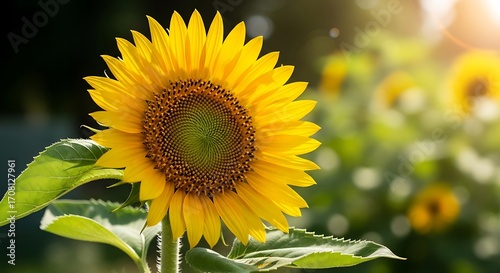 A vibrant sunflower, bathed in sunlight, stands out against a blurred background of other sunflowers, showcasing its bright yellow petals and intricate seed center.