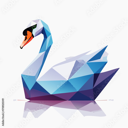 Stylized polygonal swan vector illustration reflecting on water, a modern artistic representation of romance and elegance