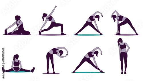 Vector Illustration of Woman Silhouette Performing Stretching and Warm-Up Exercises Set AI EPS PNG