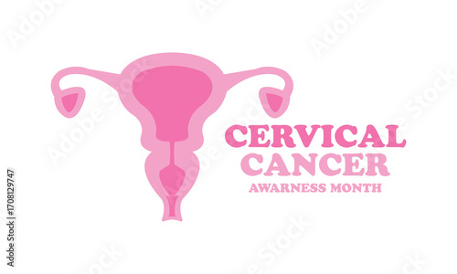 Pink uterus silhouette with text promoting cervical cancer awareness month. Ideal for healthcare, prevention, education, women’s health, medical campaigns, and cancer awareness designs.