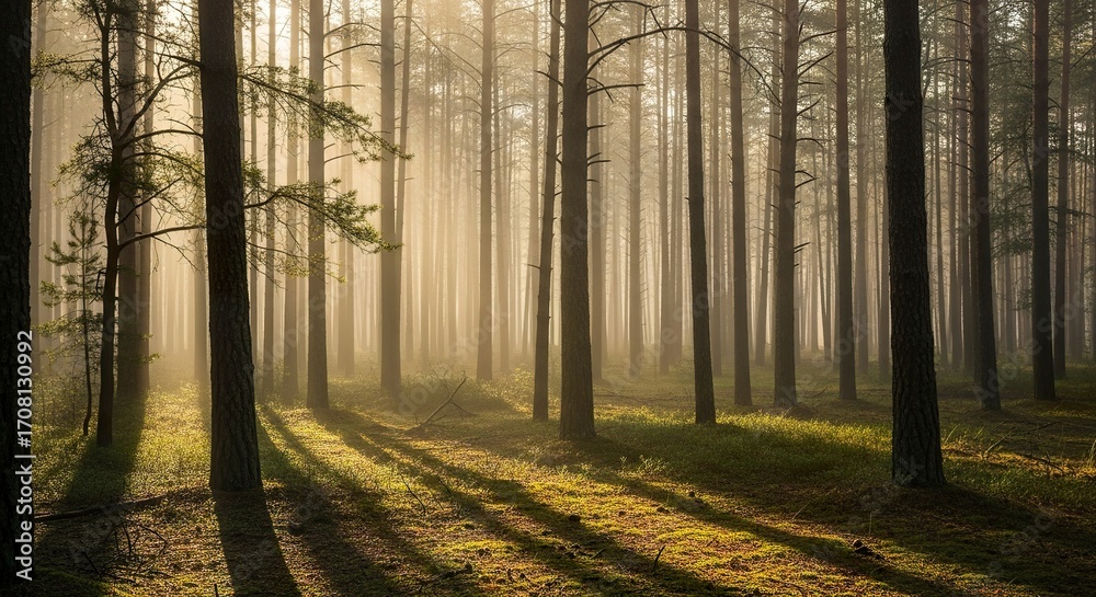 Fototapeta premium Misty forest sunlight