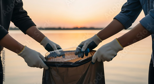 United efforts of volunteers actively cleaning up plastic debris from the serene lake at golden hour, promoting ecological awareness